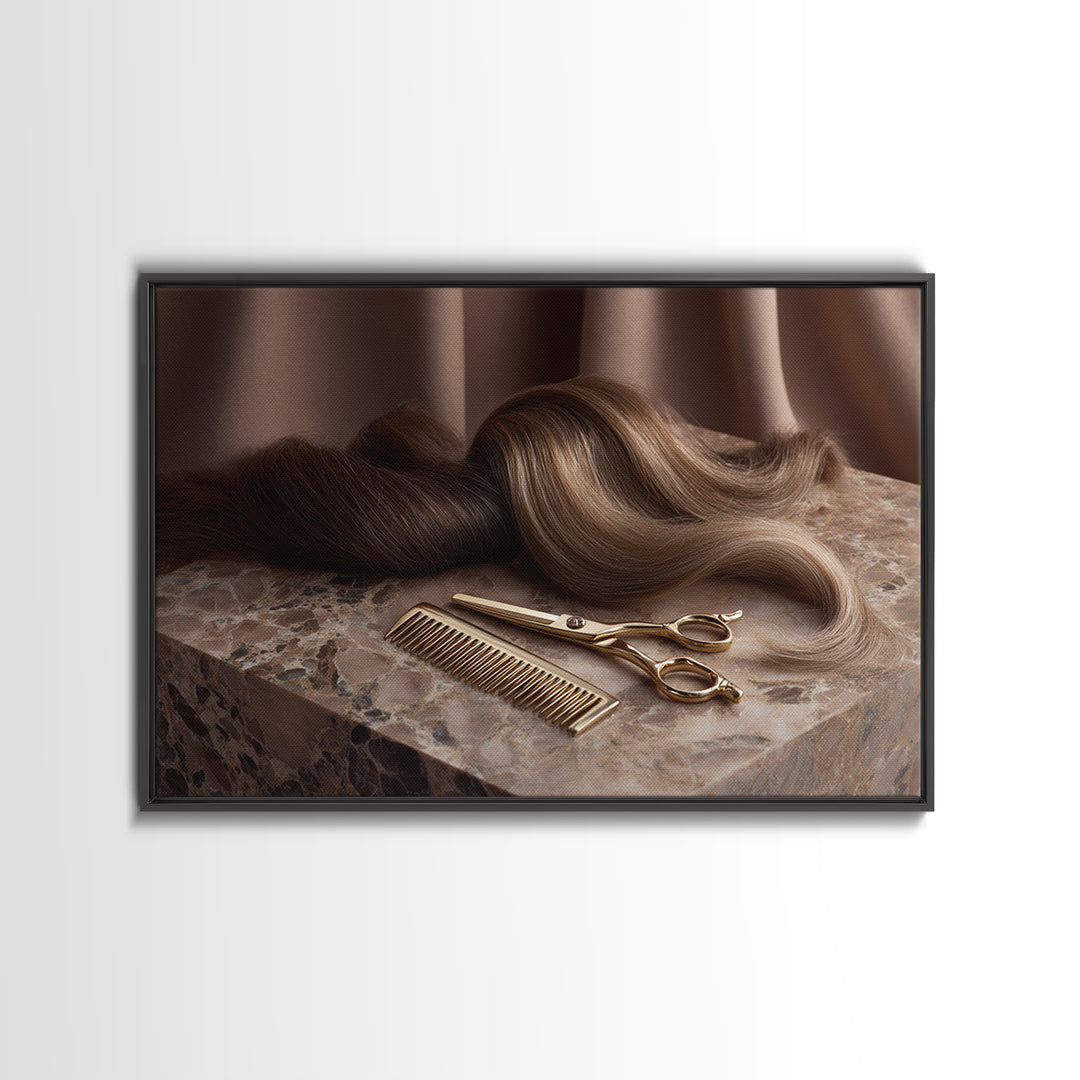 Gold Scissors and Comb Still Life on Framed Canvas Print, Hair Salon Art, Black Wall Art, Living Room Decor, Fine Art, Style, HSA-3x2-6