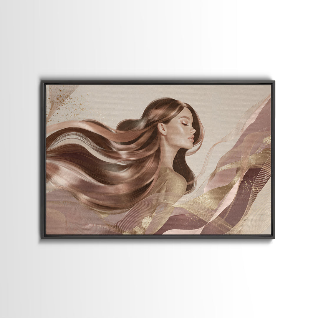 Fashion Portrait with Flowing Glossy Hair Framed Canvas Print, Hair Salon Art, Living Room Decor, Oil Painting, Style, HSA-3x2-77