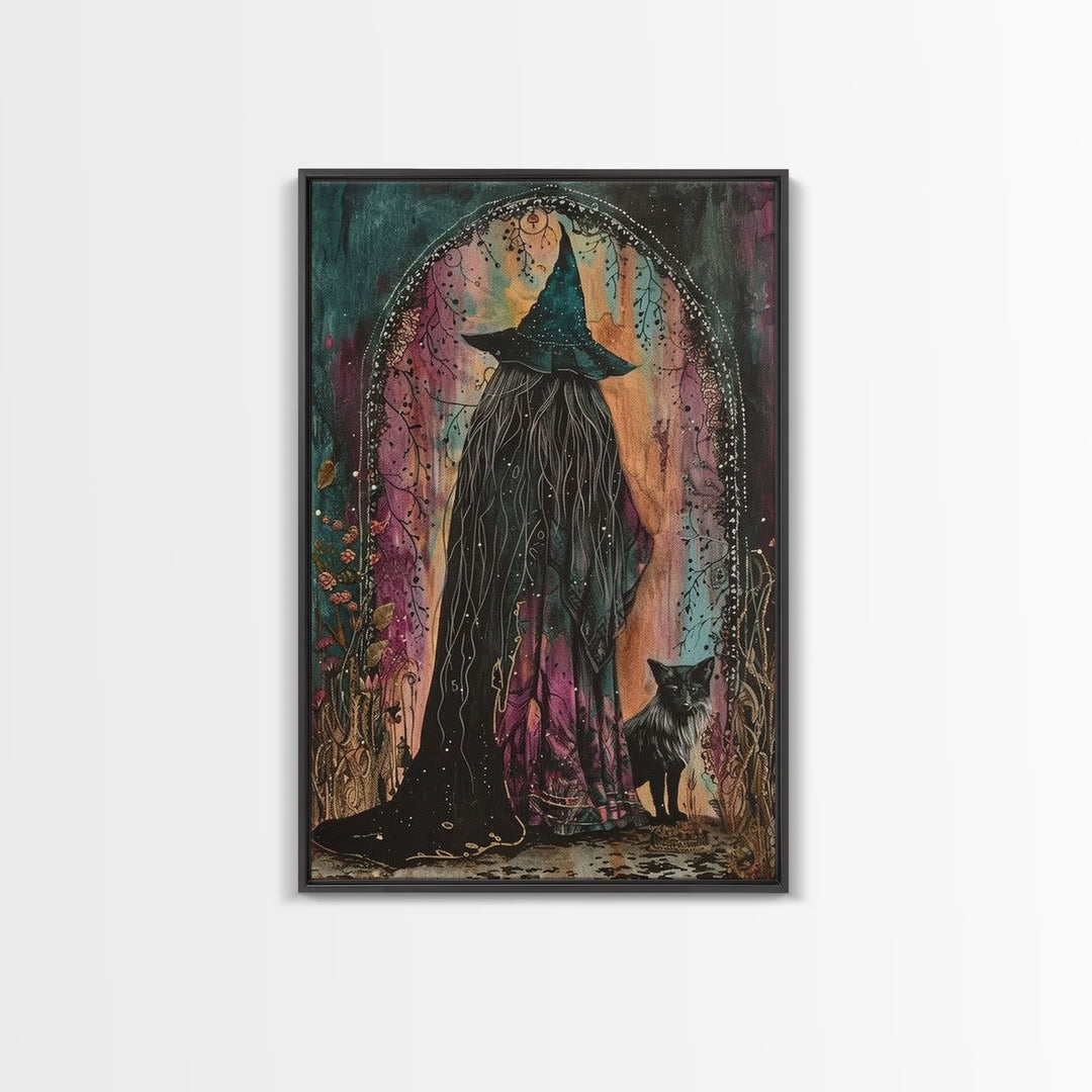 Cottage Core Witch Framed Canvas Print, Springtime Witch, Halloween Art, Halloween Decor, Colorful Halloween Witch Decor Wall Art