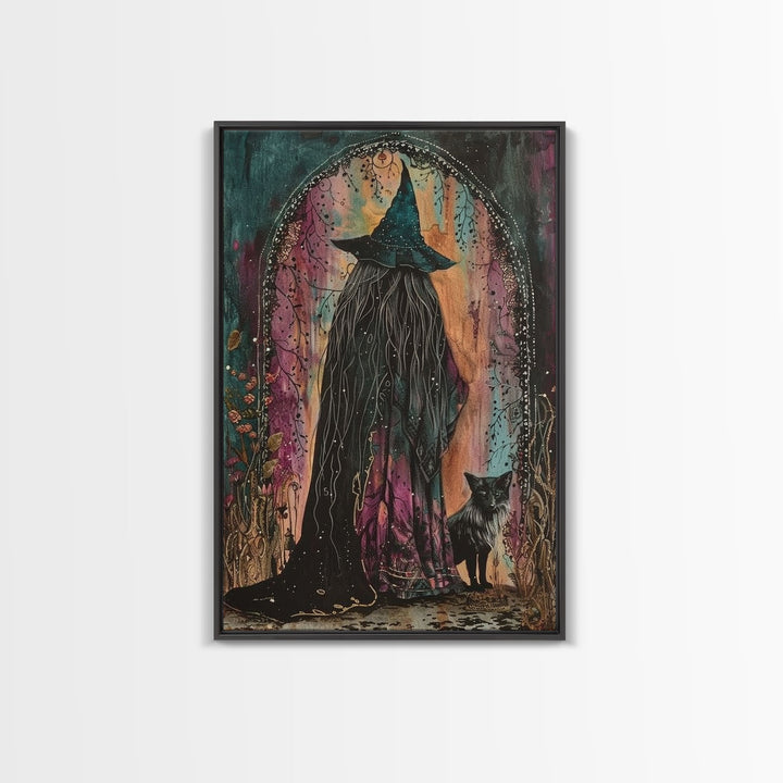 Cottage Core Witch Framed Canvas Print, Springtime Witch, Halloween Art, Halloween Decor, Colorful Halloween Witch Decor Wall Art