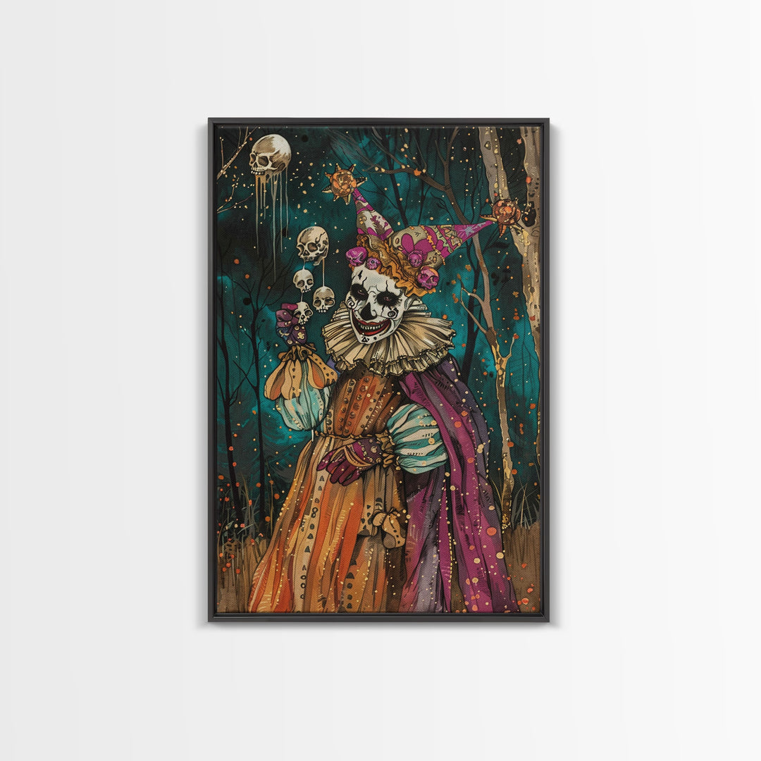 Halloween Sinister Clown in Dark Forest Framed Canvas Print, Creepy Wall Art, Home Decor, Horror Decor, Gift Idea, Spooky Carnival