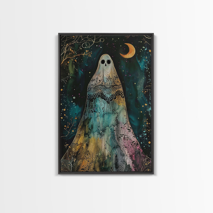 Cottage Core Ghost Decor, Cottagecore Halloween Art Framed Canvas Print, Unique Wall Art, Spooky Season Decor