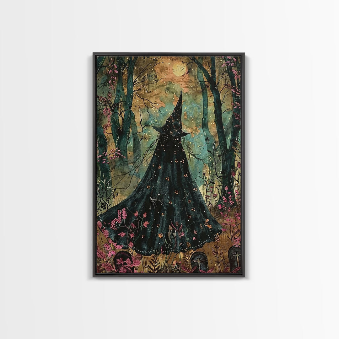 Halloween Witch in Dark Forest, Framed Canvas Print, Wall Art, Living Room Decor, Spooky, Witch Art, Original Painting, Home Decor