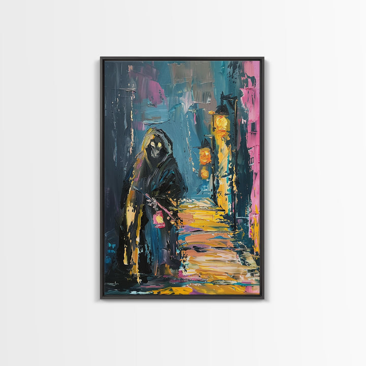 Halloween Grim Reaper with Lantern, Framed Canvas Print, Wall Art, Living Room Decor, Spooky, Grim Reaper Art, Original Painting