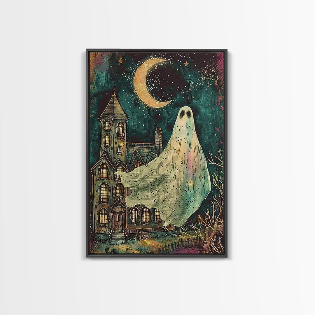 Halloween Ghost with Colorful Background, Framed Canvas Print, Wall Art, Spooky Decor, Halloween Decoration, Living Room Art, Unique Gift