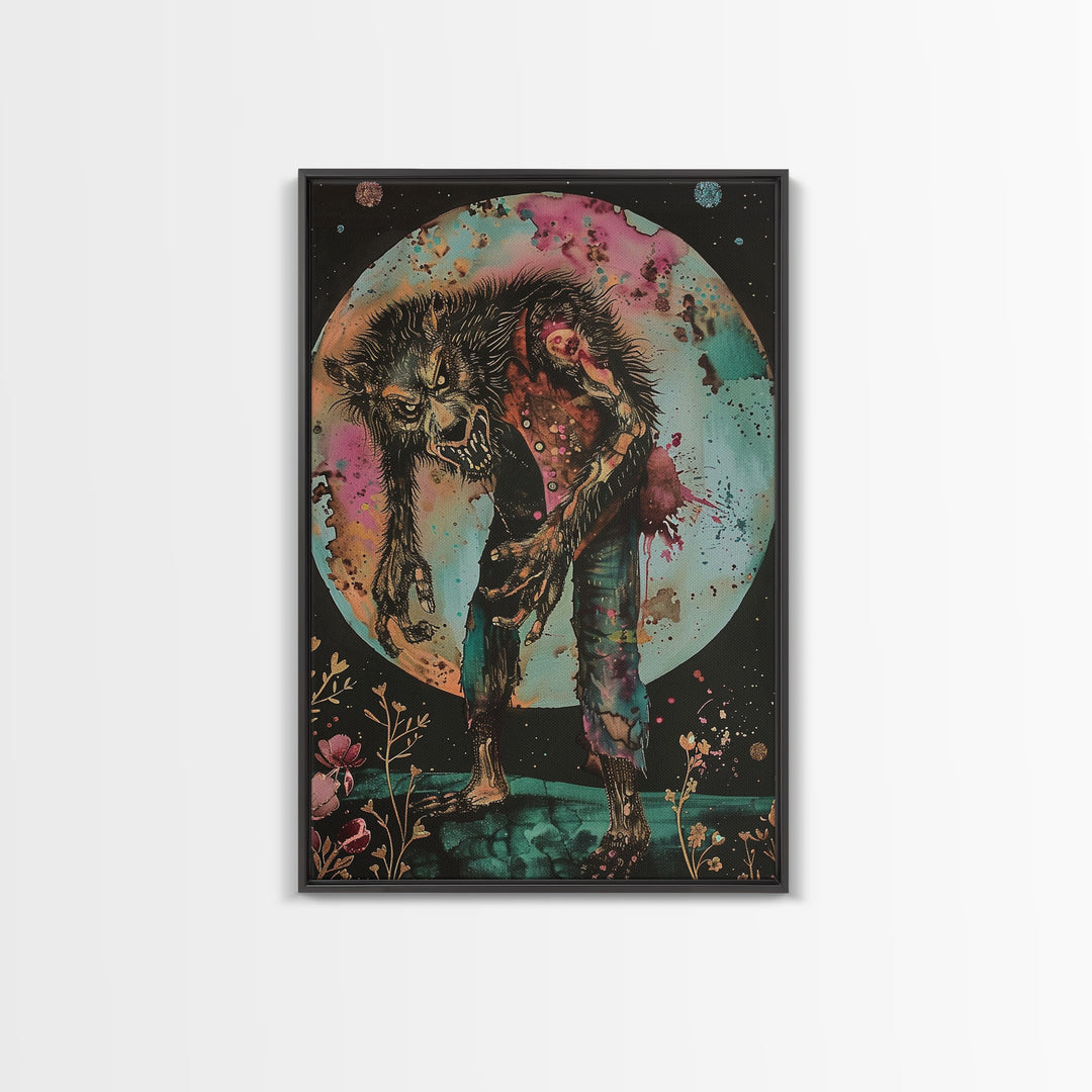 Halloween Werewolf Transformation, Framed Canvas Print, Wall Art, Home Decor, Spooky Artwork, Monster Decor, Halloween Decor, Fantasy Art