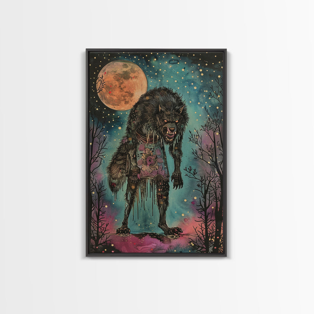 Halloween Spooky Full Moon Werewolf Framed Canvas Print, Wall Art, Living Room Decor, Halloween Decoration, Scary Wall Hanging, Haunted Art