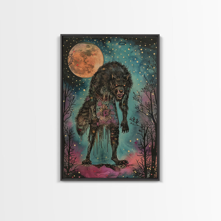 Halloween Spooky Full Moon Werewolf Framed Canvas Print, Wall Art, Living Room Decor, Halloween Decoration, Scary Wall Hanging, Haunted Art
