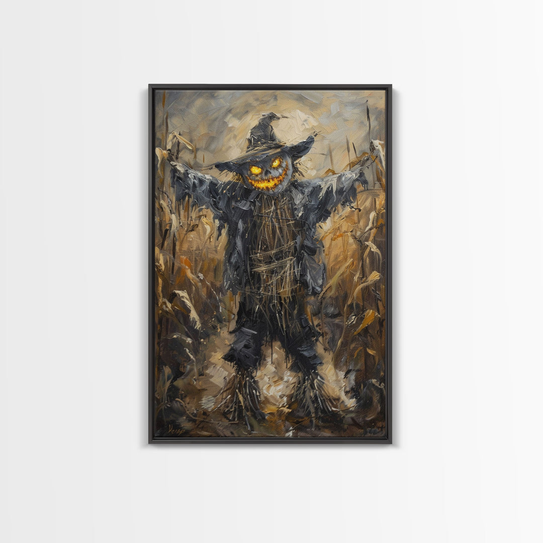Sinister Scarecrow in Cornfield Framed Canvas Print | Halloween Horror Art | Spooky Farm Art | Creepy Scarecrow Art for Home Decoration