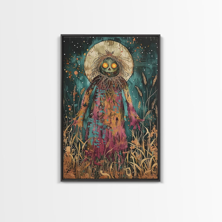 Creepy Moonlit Scarecrow Framed Canvas Print | Halloween Art | Spooky Harvest Artwork | Sinister Scarecrow Art for Home Decor