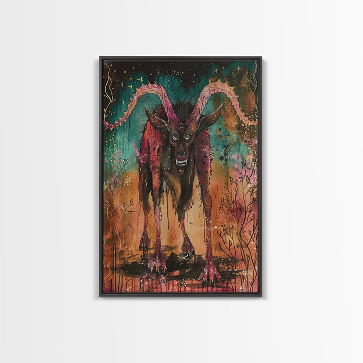Spooky Goat Demon in the Woods Framed Canvas Print, Halloween Art, Creepy Wall Art Spooky Home Decor, Scary Art Mysterious Living Room Decor