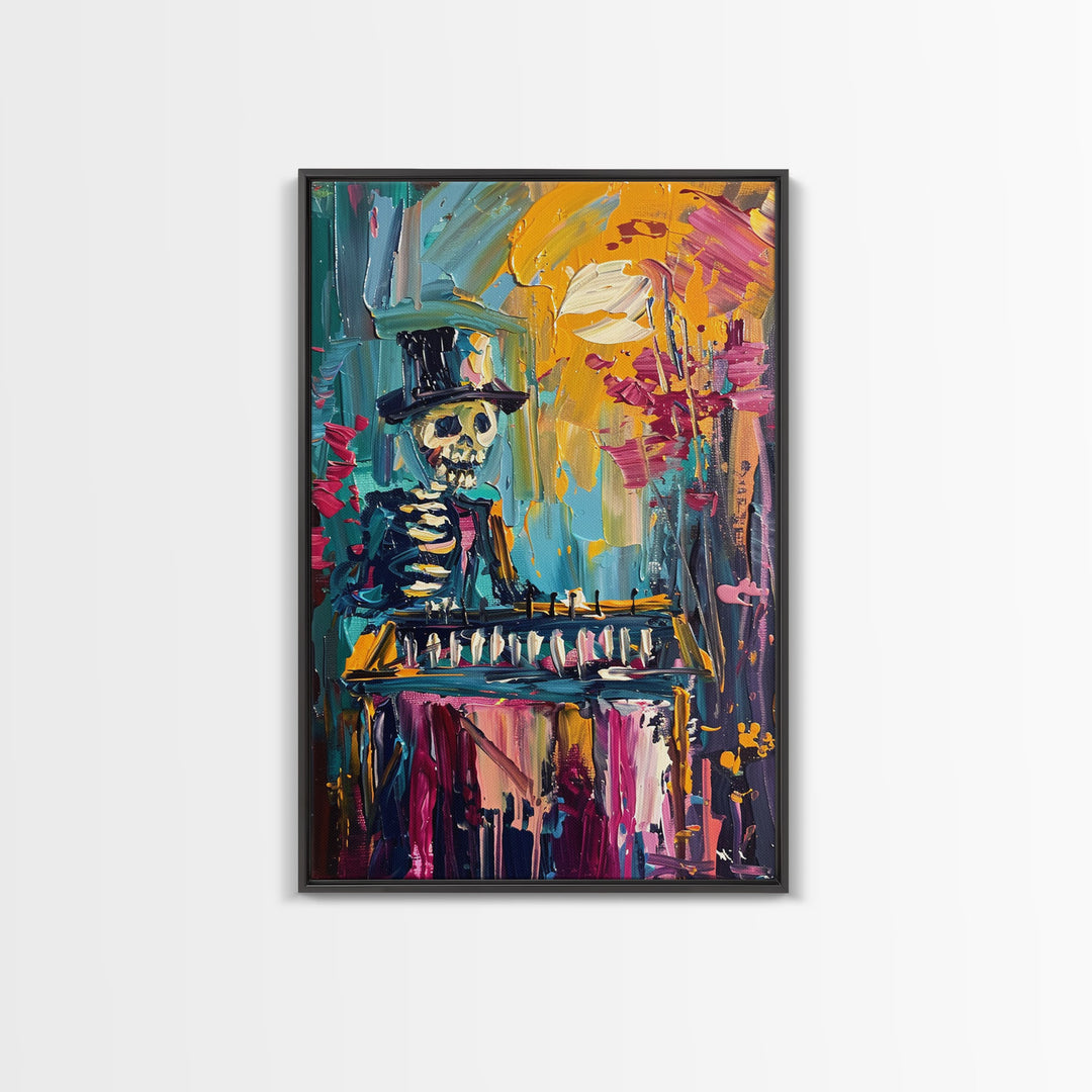 Colorful Skeleton with Top Hat Framed Canvas Print, Halloween Art, Creepy Wall Art, Spooky Home Decor, Scary Art, Vibrant Living Room Decor