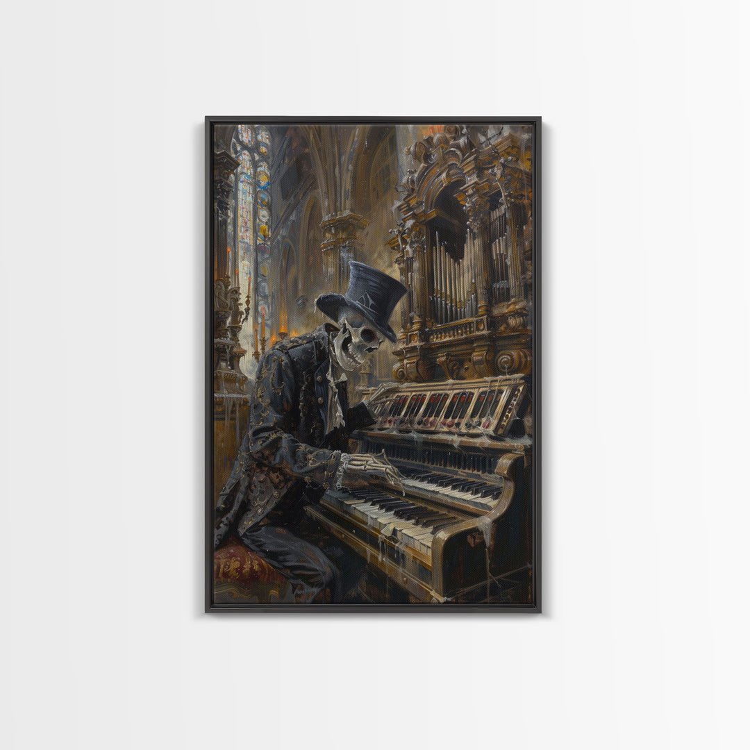 Halloween Skeleton Playing the Organ in Gothic Church - Creepy Skeleton Musician in Haunted Cathedral - Halloween Art Print - Gothic Decor
