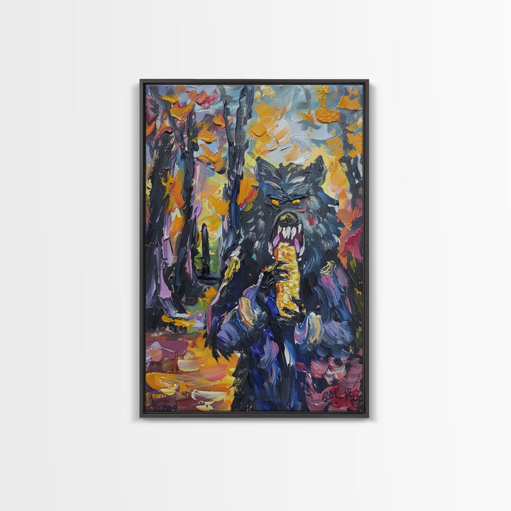Halloween Art with a Man Holding a Hamburger, Capturing Horror and Humor in One Spooky Wall Art Piece