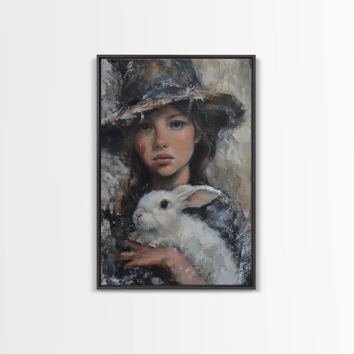Enchanting Witch with White Rabbit in Serene Autumn Setting - Mystical Forest Art Framed Canvas Print, Halloween Home Decor