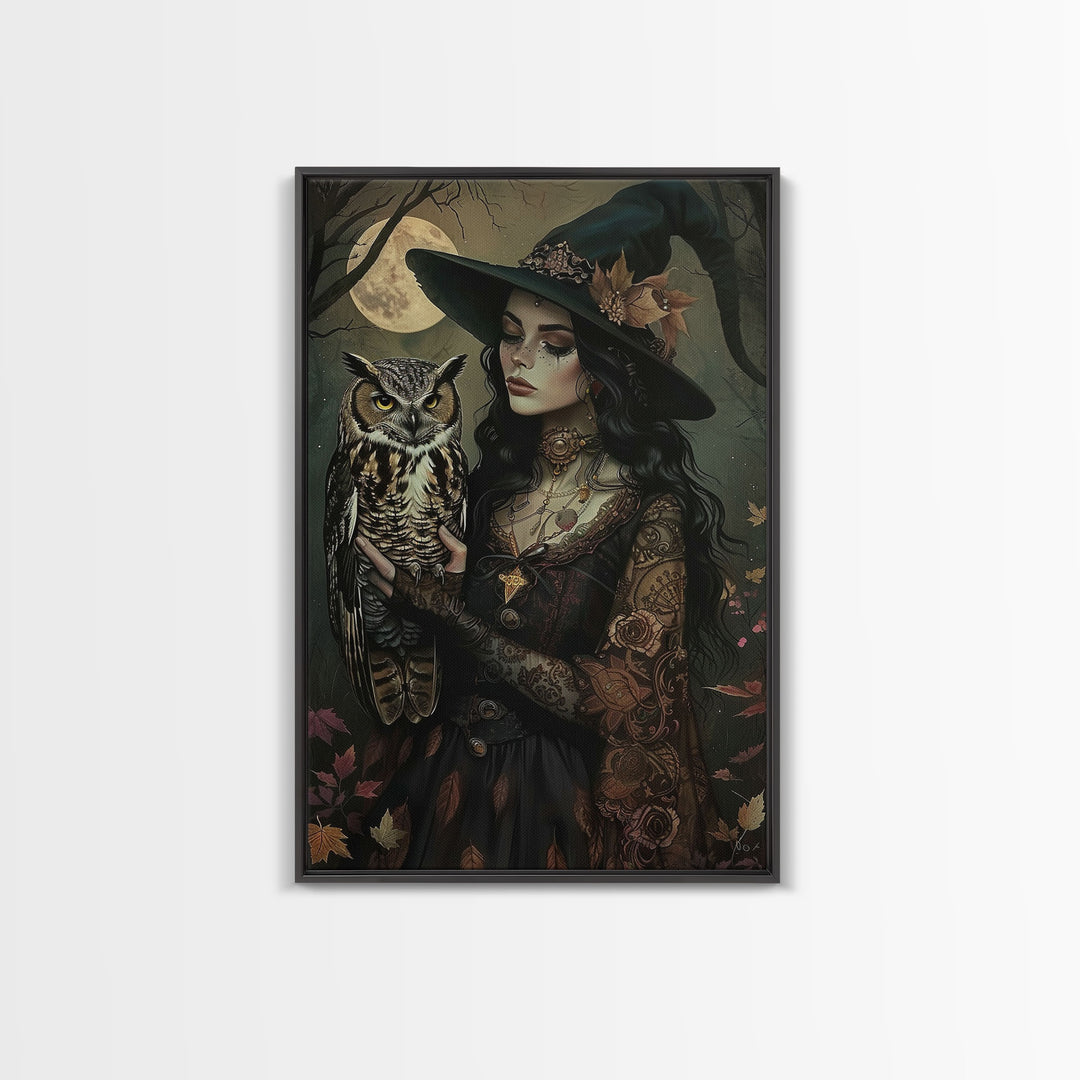 Mysterious Witch with Owl Companion - Moonlit Enchantment, Mystical Beauty Framed Canvas Print, Halloween Wall Art