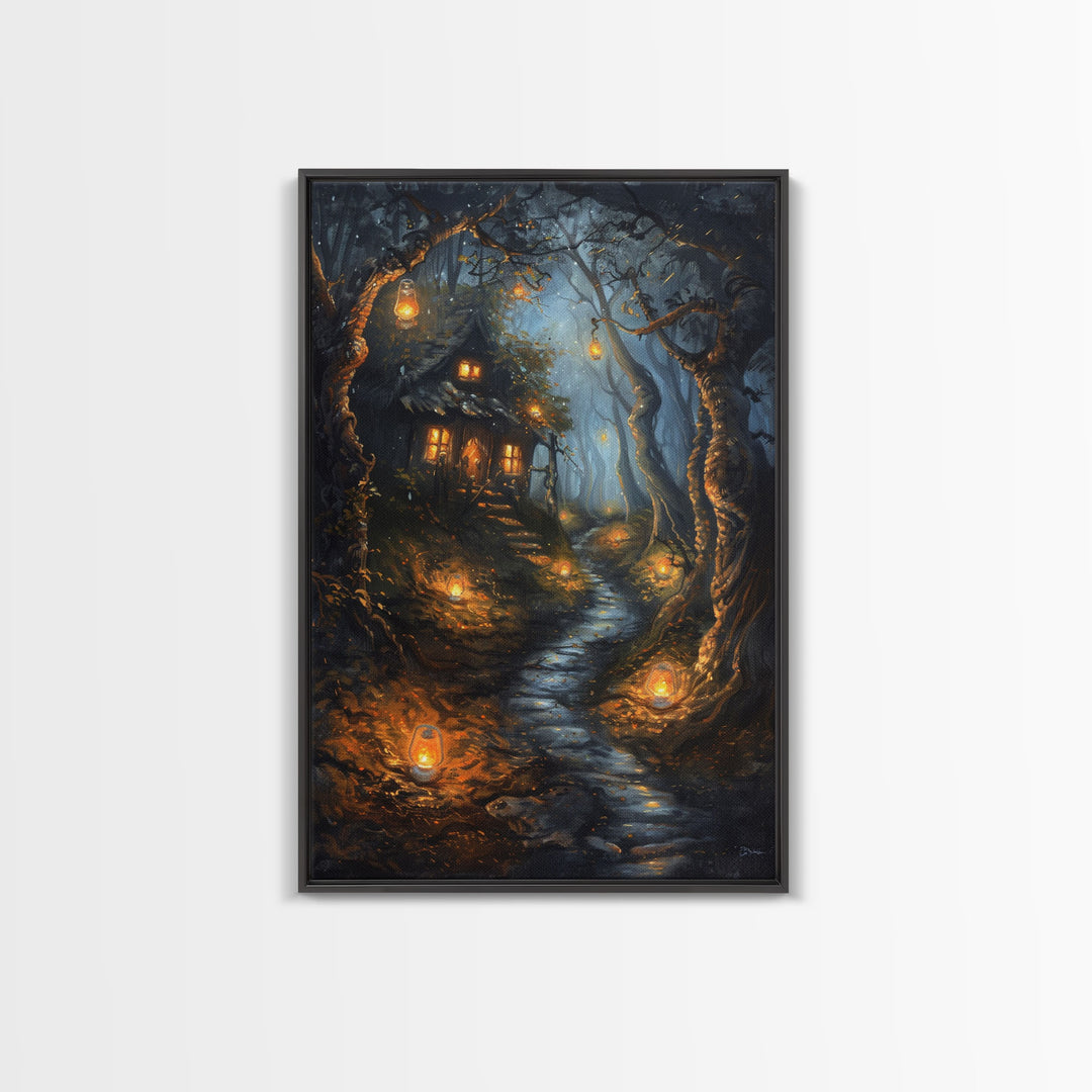 Spooky Cottage in Forest, Halloween Art, Spooky Wall Decor, Framed Canvas Print, Creepy Art, Halloween Wall Decor, Seasonal Wall Art