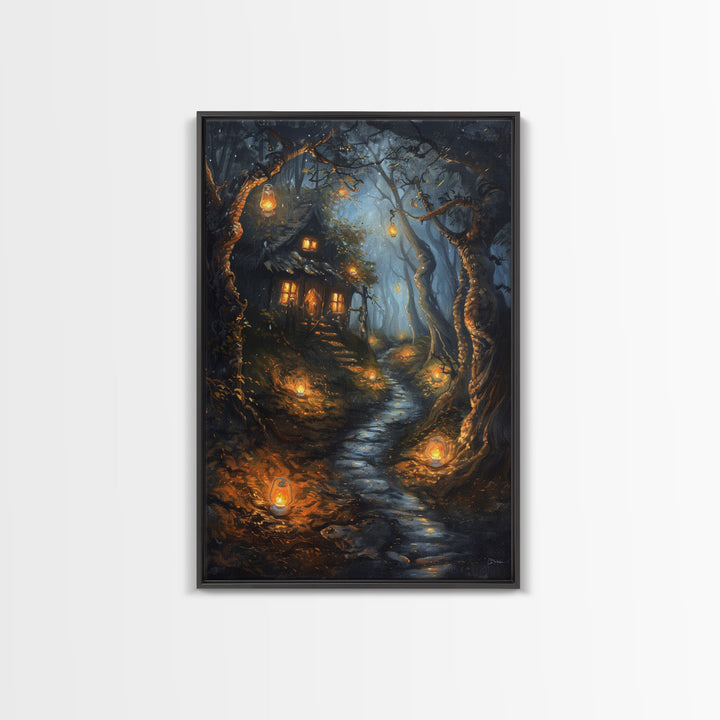 Spooky Cottage in Forest, Halloween Art, Spooky Wall Decor, Framed Canvas Print, Creepy Art, Halloween Wall Decor, Seasonal Wall Art