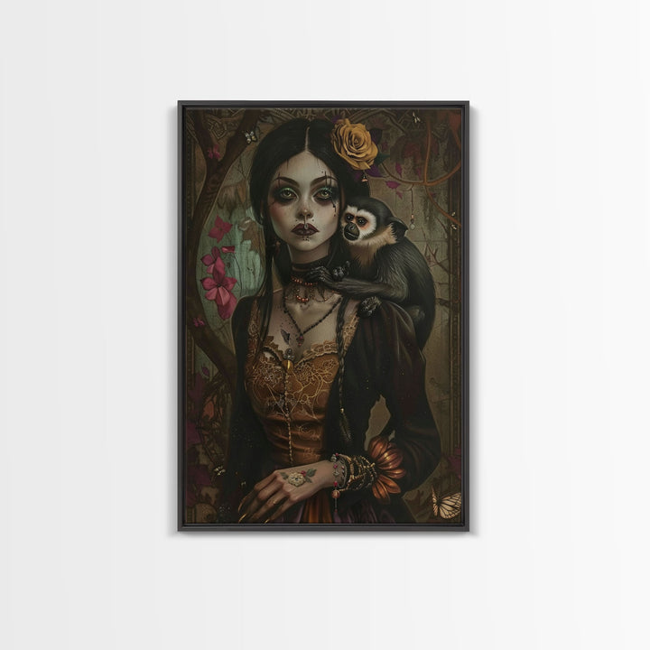 Spooky Halloween Witch Wall Art, Framed Canvas Prince, Halloween Decor, Halloween Gift Spooky Season, Cottage Core Witch and Monkey Familiar