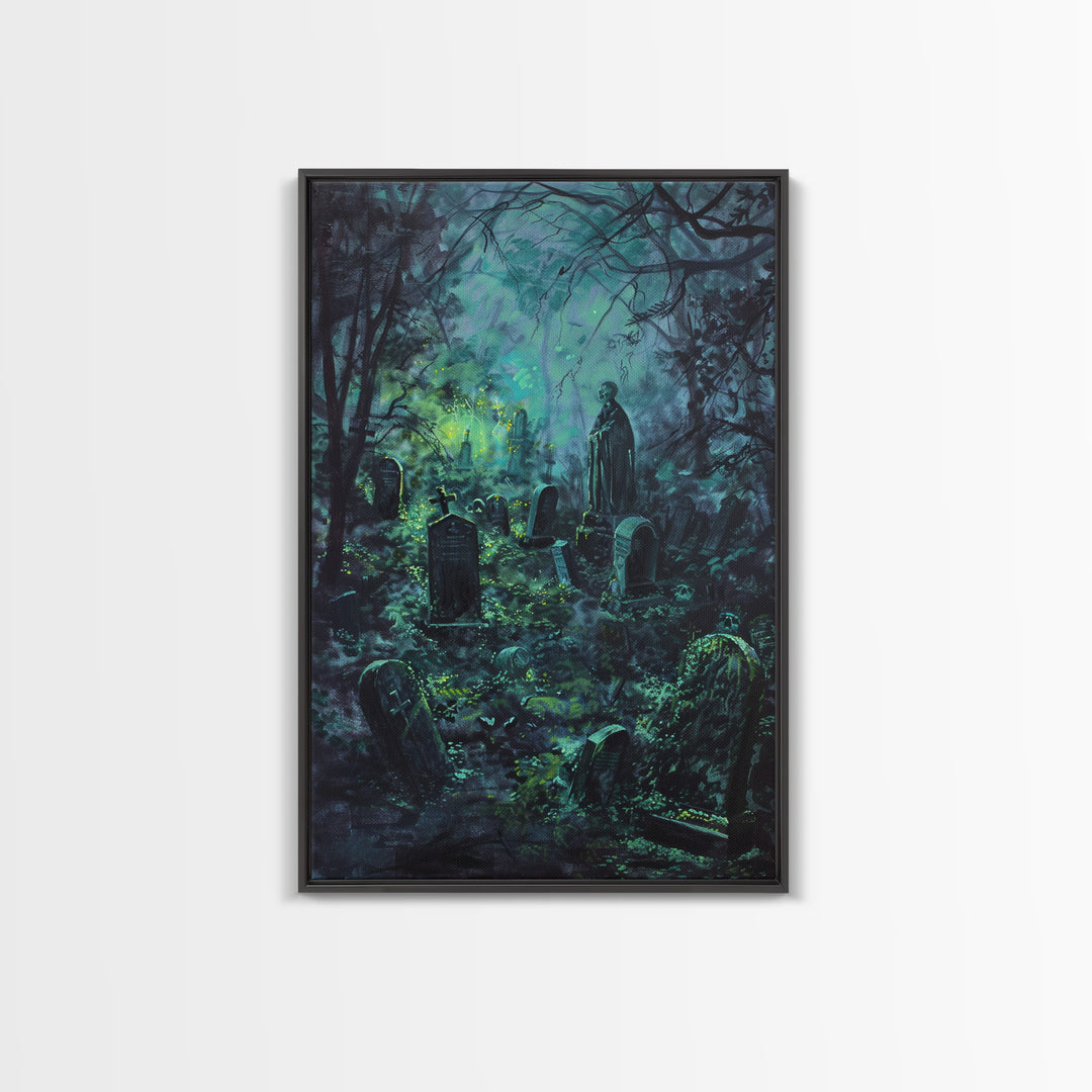 Spooky Cemetery with Glowing Lights Framed Canvas Print, Wall Art, Halloween Graveyard Art, Eerie Home Decor, Haunted Forest Painting