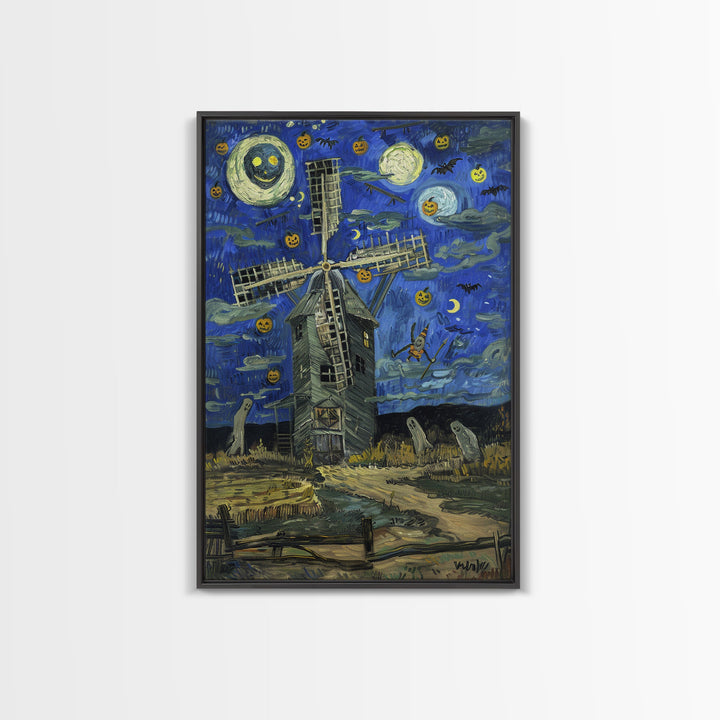 Haunted Railway Station with Pumpkins Framed Canvas Print, Wall Art, Spooky Home Decor, Halloween Train Station Art, Eerie Painting