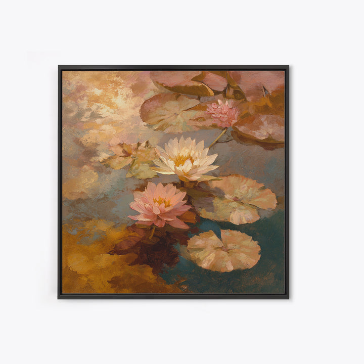Water Lilies Floating on a Sunlit Pond Framed Canvas Print, Impressionist Art, Modern Decor, Living Room Decor, Impression, IMP-1x1-1