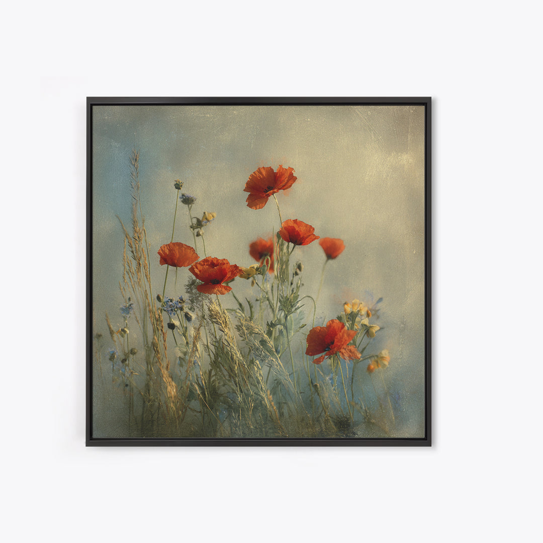 Poppies Blowing Through Green Grass Framed Canvas Print, Impressionist Art, Painting, Living Room Decor, Fine Art, Impression, IMP-1x1-12