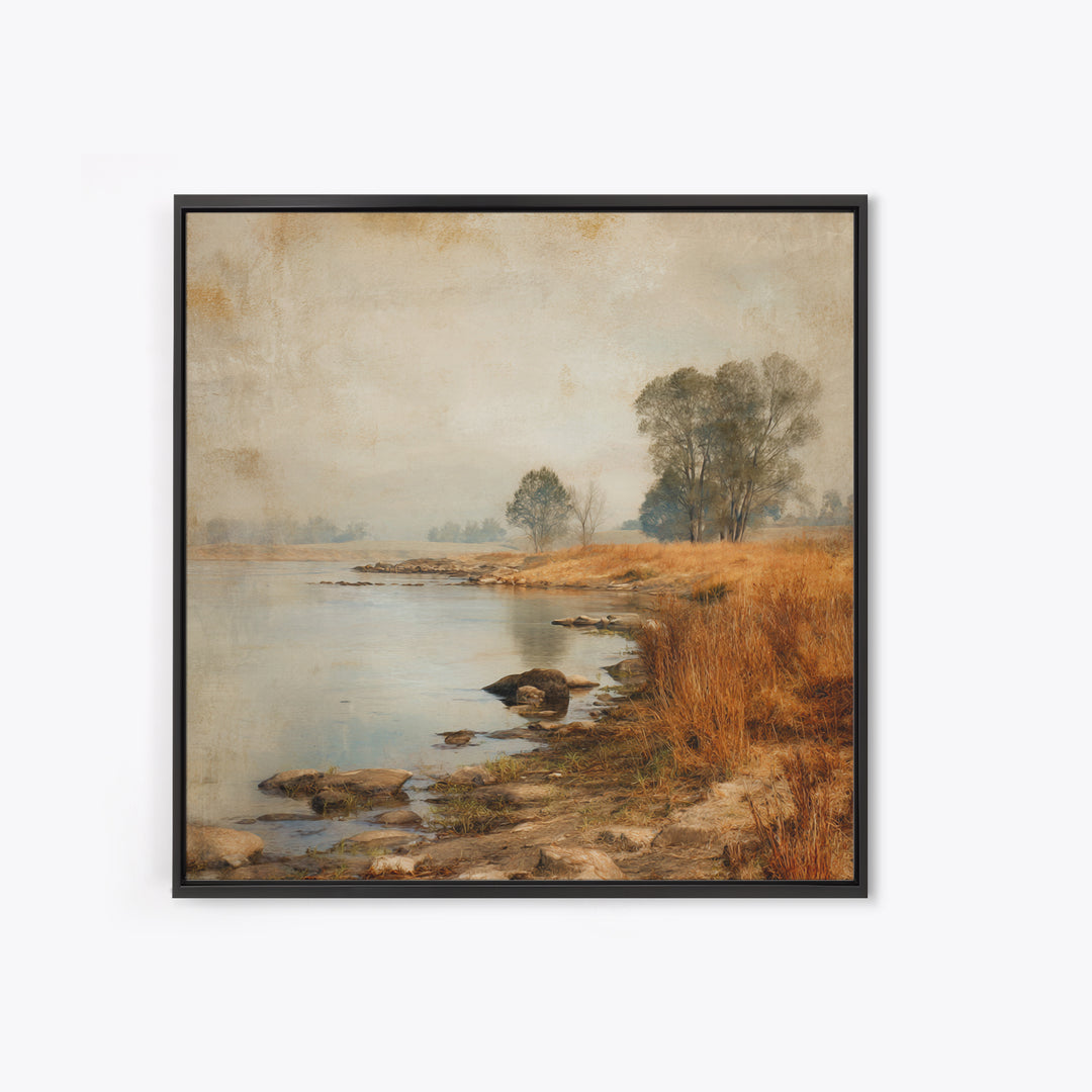 Misty Riverbank with Willow Trees Canvas Print, Impressionist Art, Coastal Wall Art, Living Room Decor, Fine Art, Impression, IMP-1x1-35