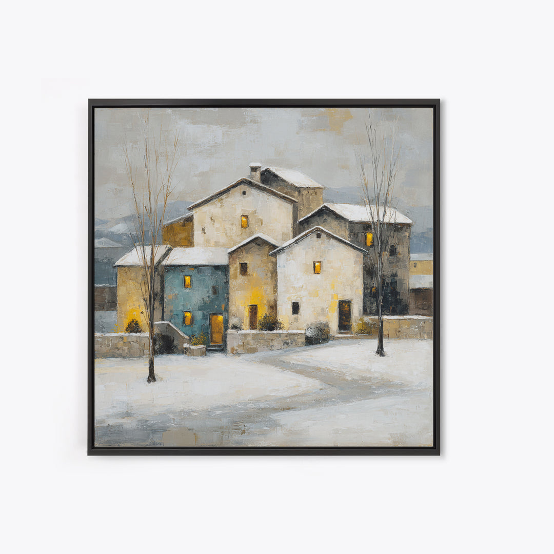 Snowy Village with Warm Glowing Windows Framed Canvas Print, Impressionist Art, Boho Decor, Living Room Decor, Oil Painting, IMP-1x1-37