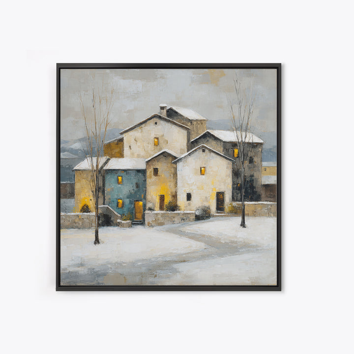 Snowy Village with Warm Glowing Windows Framed Canvas Print, Impressionist Art, Boho Decor, Living Room Decor, Oil Painting, IMP-1x1-37