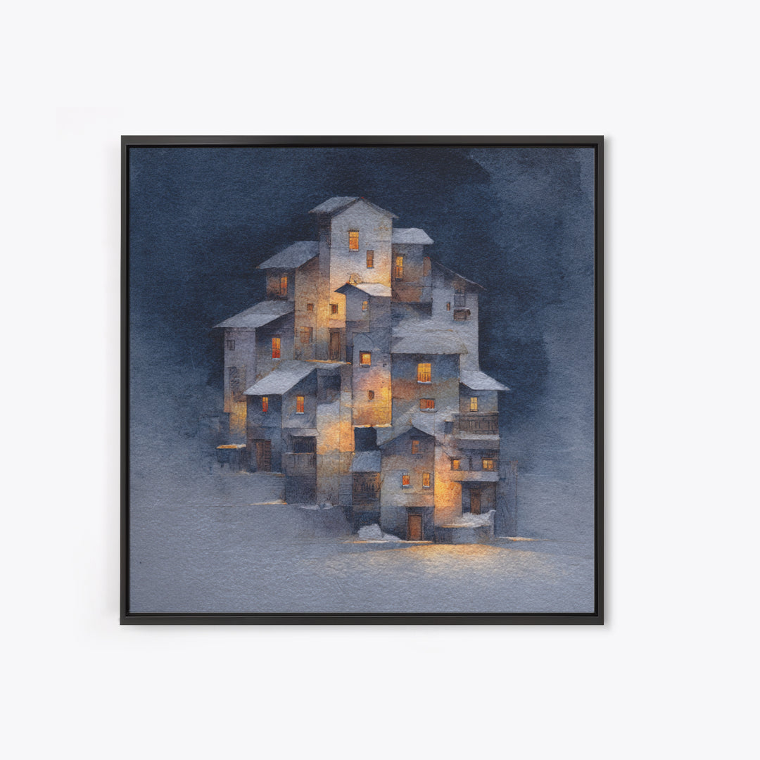 Snowy Village with Warm Glowing Windows Framed Canvas Print, Impressionist Art, Boho Decor, Living Room Decor, Oil Painting, IMP-1x1-61