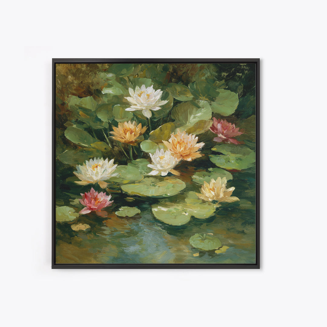 Water Lilies Floating on a Sunlit Pond Framed Canvas Print, Impressionist Art, Living Room Decor, Watercolor Art, Impression, IMP-1x1-73