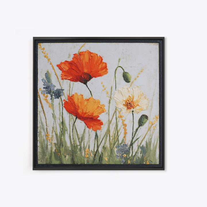 Poppies Blowing Through Green Grass Framed Canvas Print, Impressionist Art, Landscape Art, Living Room Decor, Abstract Art, IMP-1x1-84