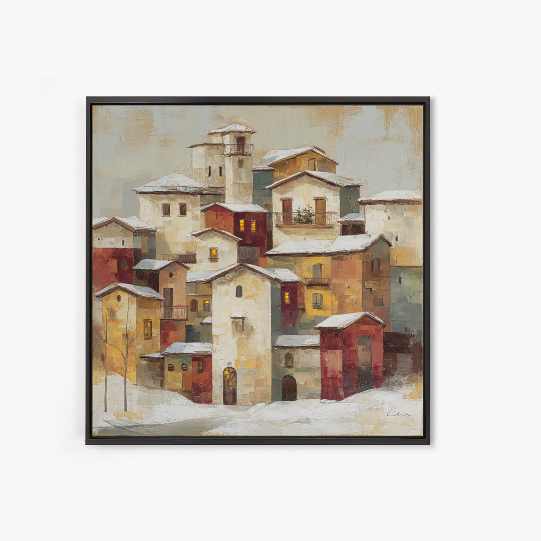 Snowy Village with Warm Glowing Windows Canvas Print, Impressionist Art, Minimalist Decor, Living Room Decor, Impression, IMP-1x1-85