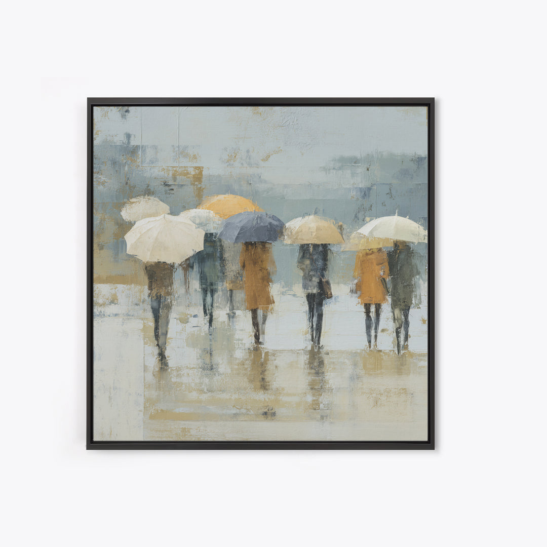 Rainy Boulevard with Umbrella Shapes Framed Canvas Print, Impressionist Art, Wall Art, Living Room Decor, Abstract Art, IMP-1x1-93