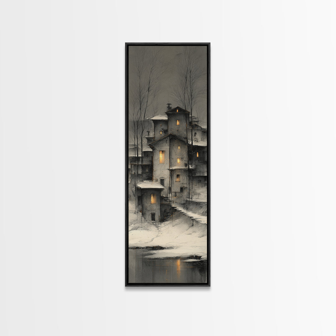 Snowy Village with Warm Glowing Windows Canvas Print, Impressionist Art, Bedroom Decor, Living Room Decor, Fine Art, Impression, IMP-1x3-25