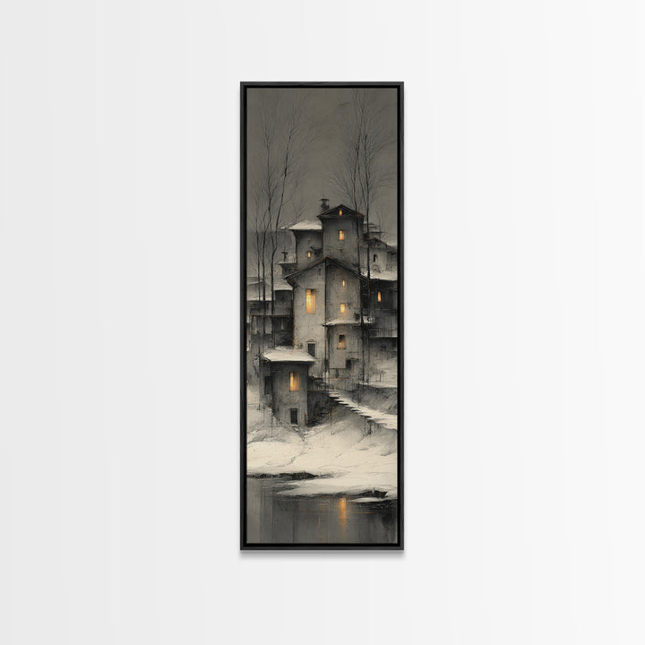 Snowy Village with Warm Glowing Windows Canvas Print, Impressionist Art, Bedroom Decor, Living Room Decor, Fine Art, Impression, IMP-1x3-25
