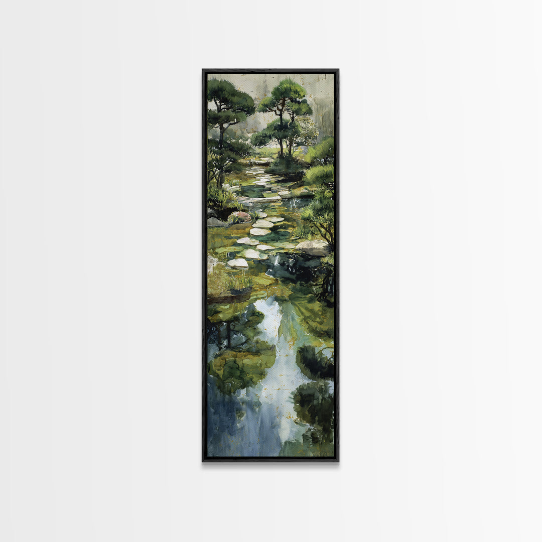 Water Garden Bridge Framed Canvas Print, Impressionist Art, Living Room Art, Living Room Decor, Watercolor Art, Impression, IMP-1x3-30