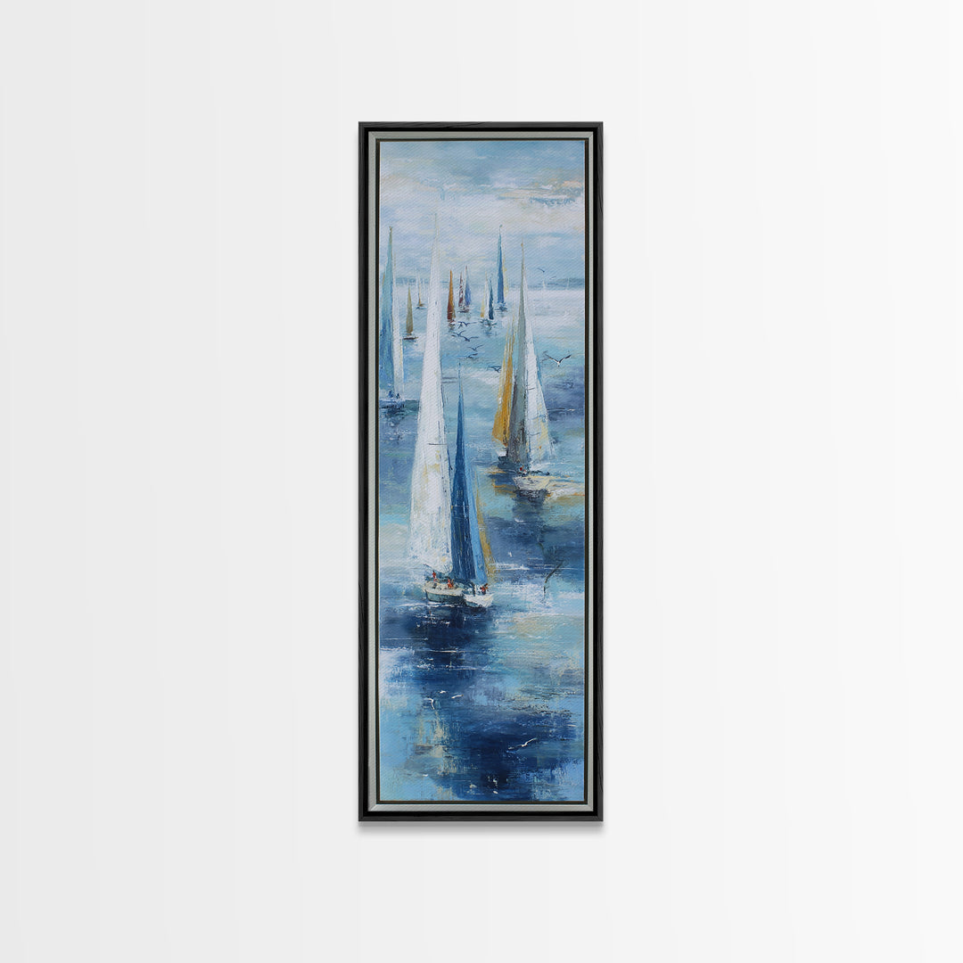Sailboats on a Bright Sparkling Harbor Framed Canvas Print, Impressionist Art, Wall Art, Living Room Decor, Oil Painting, IMP-1x3-45