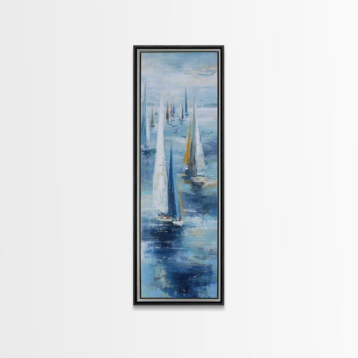 Sailboats on a Bright Sparkling Harbor Framed Canvas Print, Impressionist Art, Wall Art, Living Room Decor, Oil Painting, IMP-1x3-45