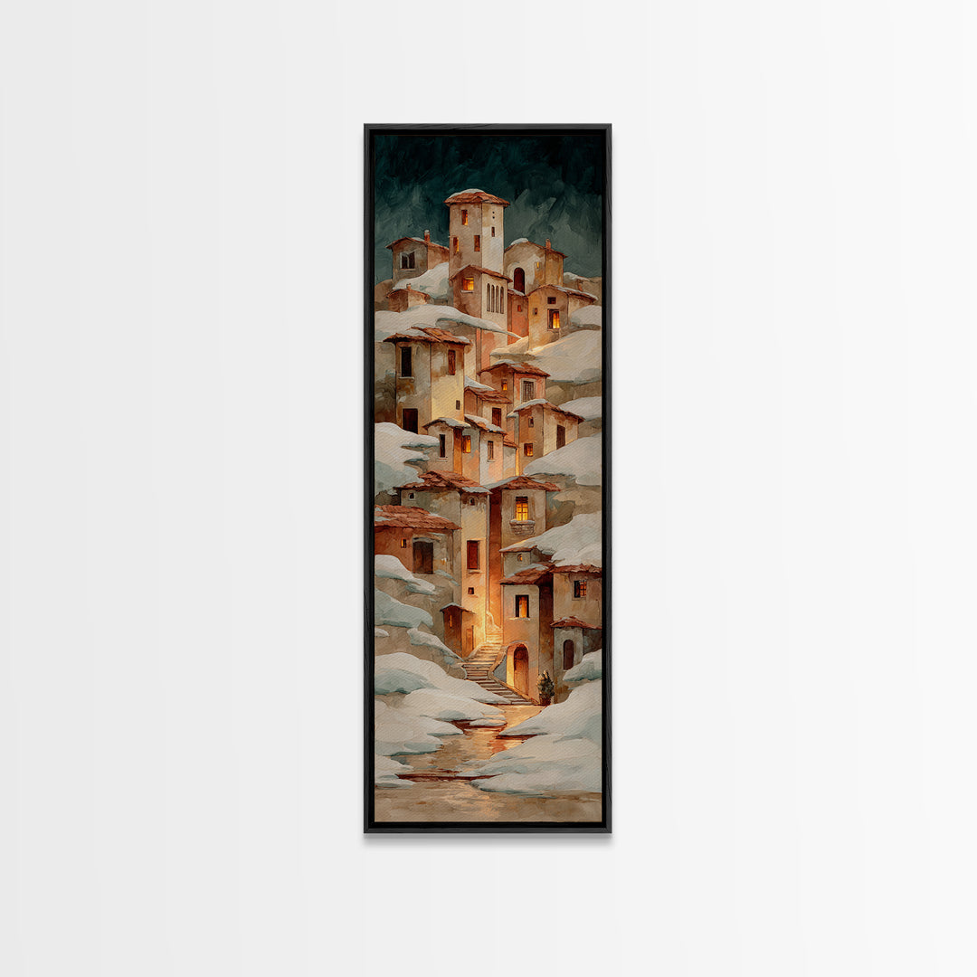 Snowy Village with Warm Glowing Windows Canvas Print, Impressionist Art, Farmhouse Decor, Living Room Decor, Impression, IMP-1x3-73