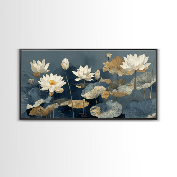 Water Lilies Floating on a Sunlit Pond Canvas Print, Impressionist Art, Oil Painting, Living Room Decor, Impression, IMP-2x1-21