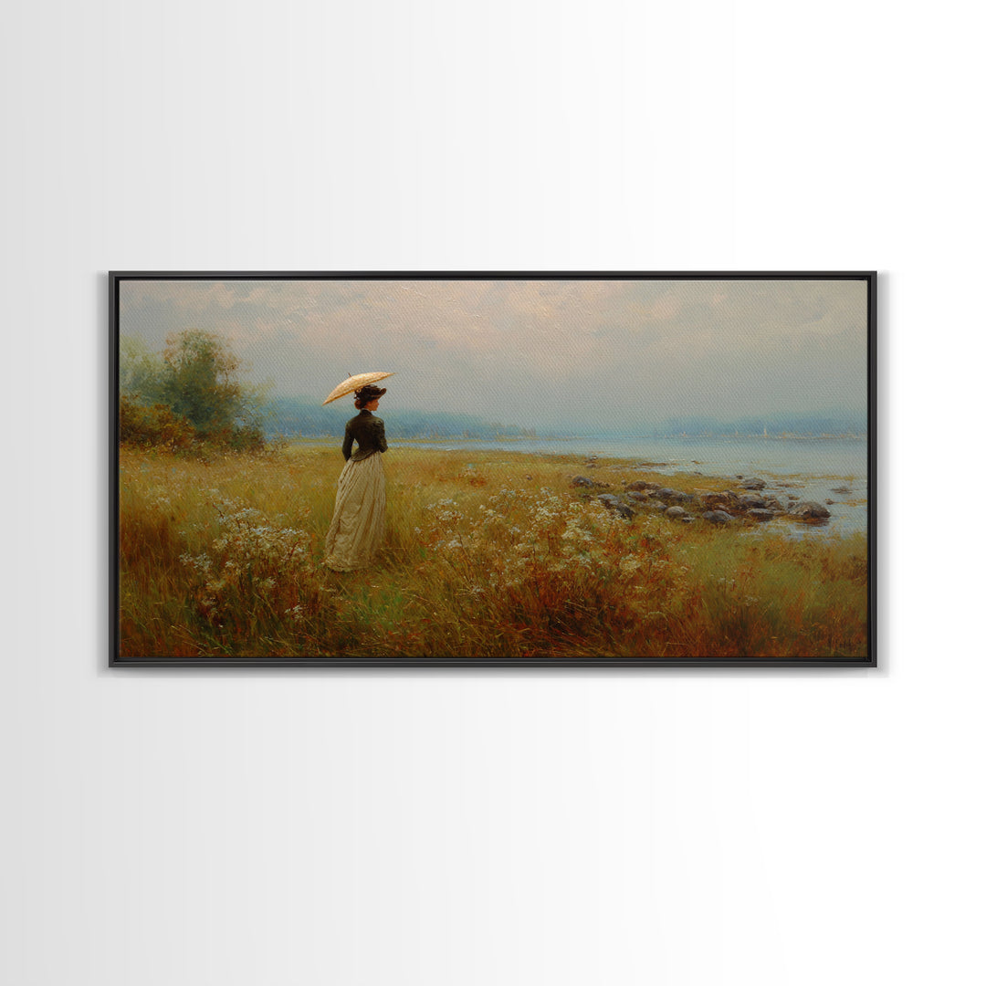 Woman with Parasol in Breezy Meadow Framed Canvas Print, Impressionist Art, Original Art, Living Room Decor, Impression, IMP-2x1-23