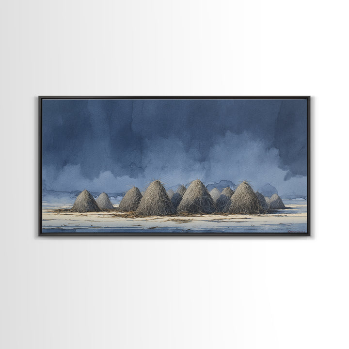 Haystacks Glowing at Golden Hour Framed Canvas Print, Impressionist Art, Minimalist Decor, Living Room Decor, Impression, IMP-2x1-24
