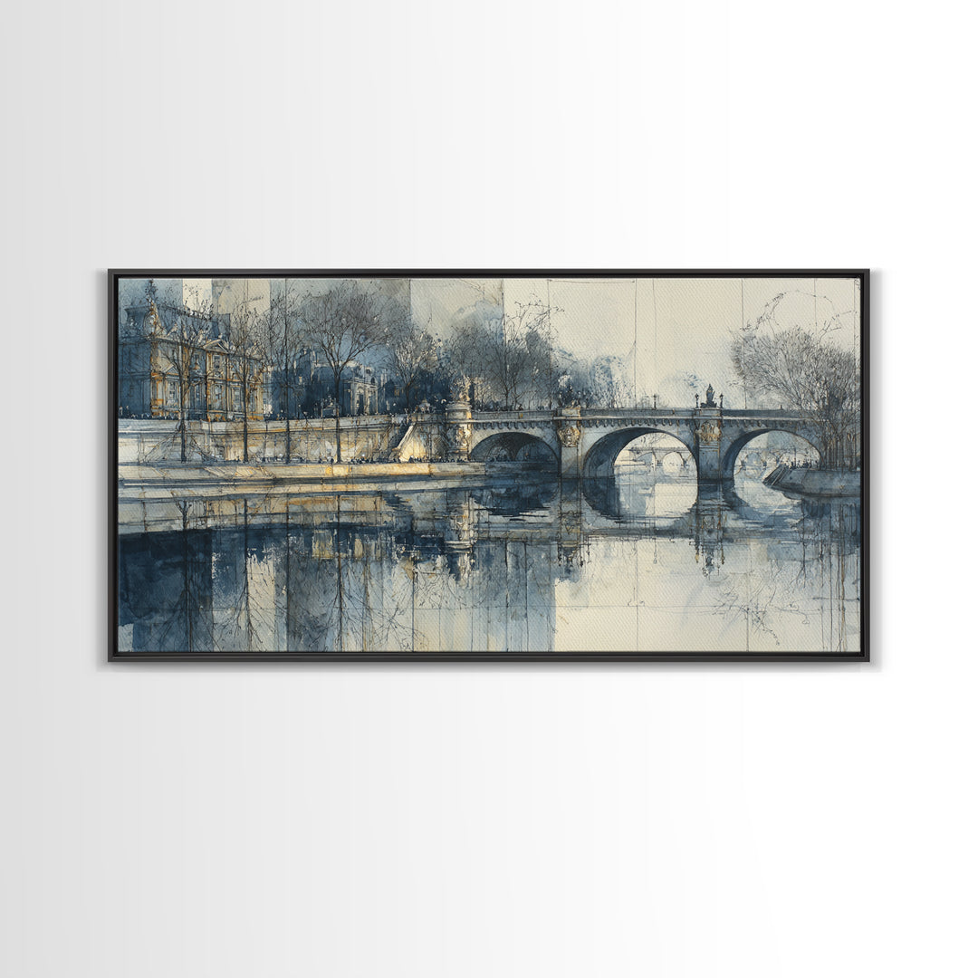 Paris Bridge Reflected Framed Canvas Print, Impressionist Art, Boho Decor, Living Room Decor, Oil Painting, Impression, IMP-2x1-27