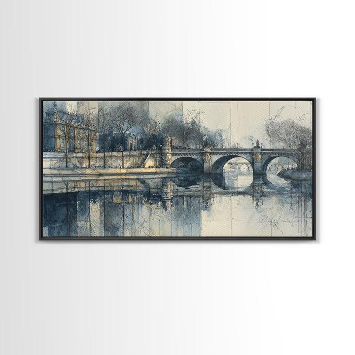Paris Bridge Reflected Framed Canvas Print, Impressionist Art, Boho Decor, Living Room Decor, Oil Painting, Impression, IMP-2x1-27