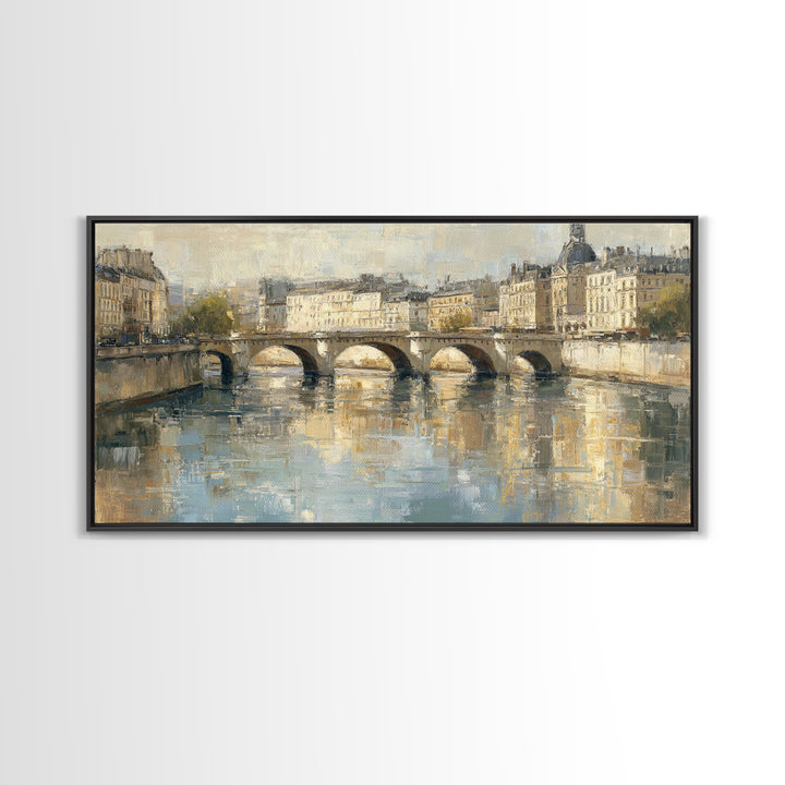 Paris Bridge Reflected Framed Canvas Print, Impressionist Art, Farmhouse Decor, Living Room Decor, Fine Art, Impression, IMP-2x1-3