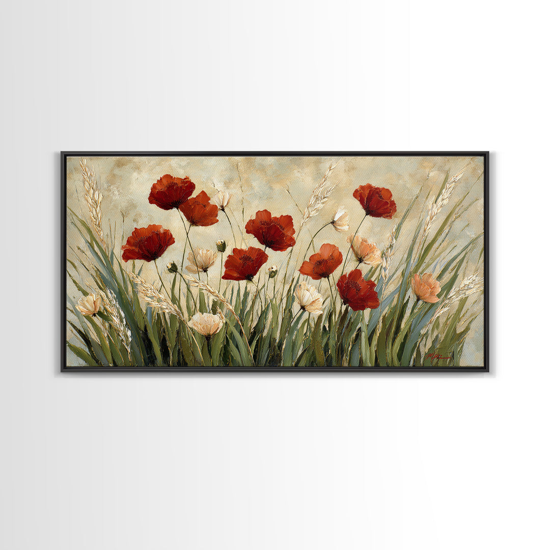 Poppies Blowing Through Green Grass Canvas Print, Impressionist Art, Wall Art, Living Room Decor, Oil Painting, Impression, IMP-2x1-32
