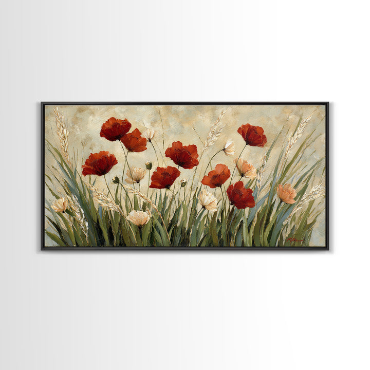 Poppies Blowing Through Green Grass Canvas Print, Impressionist Art, Wall Art, Living Room Decor, Oil Painting, Impression, IMP-2x1-32