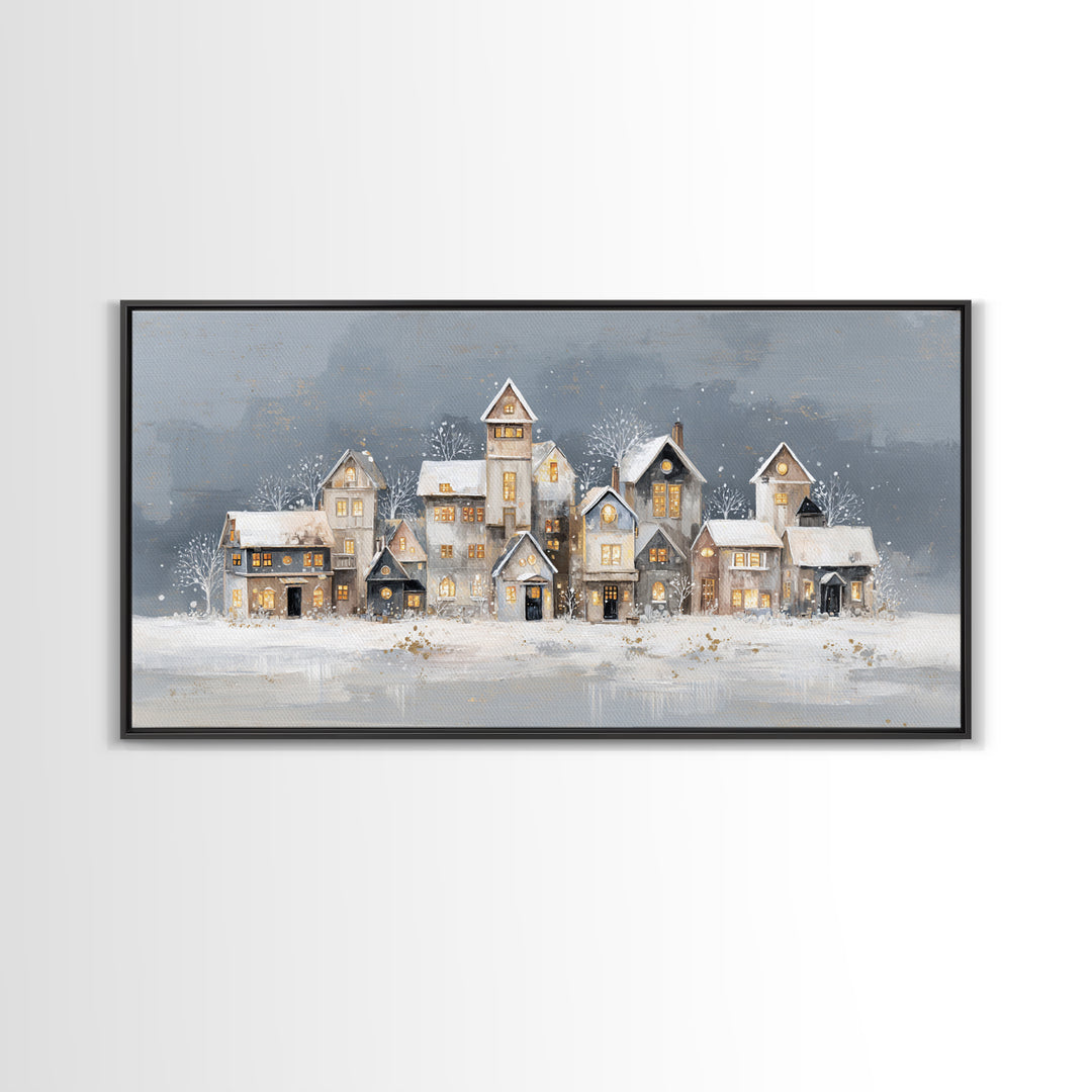 Snowy Village with Warm Glowing Windows Framed Canvas Print, Impressionist Art, Art Print, Living Room Decor, Impression, IMP-2x1-33